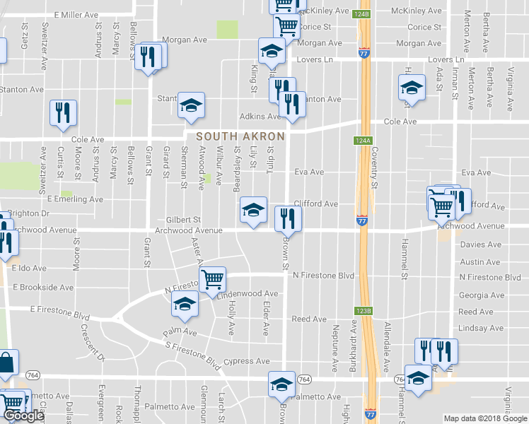 map of restaurants, bars, coffee shops, grocery stores, and more near 1244 Tulip Street in Akron