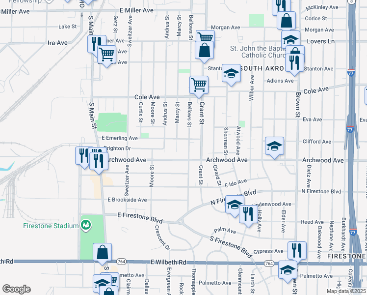 map of restaurants, bars, coffee shops, grocery stores, and more near 1445 Marcy Street in Akron