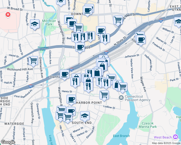 map of restaurants, bars, coffee shops, grocery stores, and more near 97 Manhattan Street in Stamford
