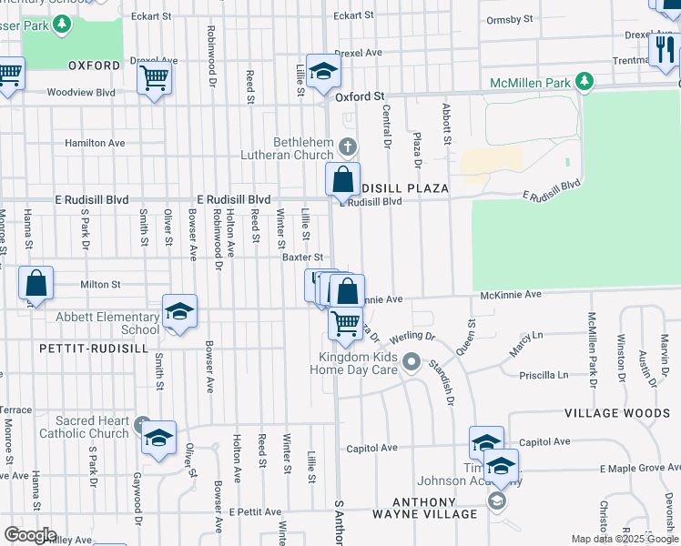 map of restaurants, bars, coffee shops, grocery stores, and more near 4121 South Anthony Boulevard in Fort Wayne