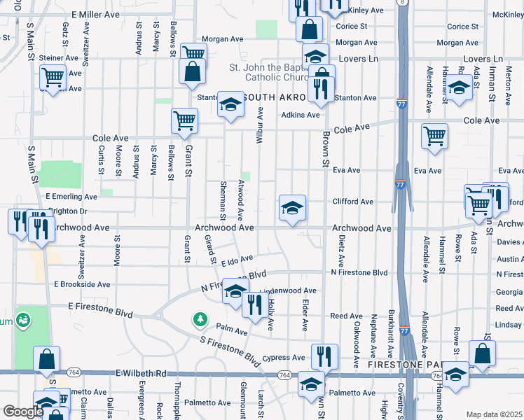 map of restaurants, bars, coffee shops, grocery stores, and more near 1297 Wilbur Avenue in Akron