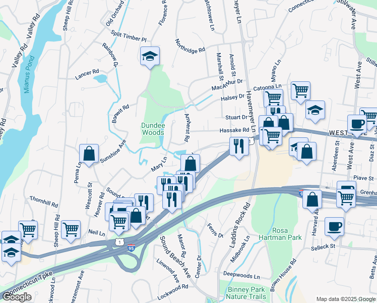 map of restaurants, bars, coffee shops, grocery stores, and more near 31 Old Kings Highway in Greenwich