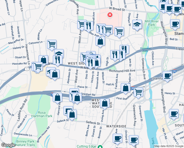 map of restaurants, bars, coffee shops, grocery stores, and more near 19 Victory Street in Stamford