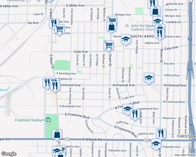 map of restaurants, bars, coffee shops, grocery stores, and more near 1445 Marcy Street in Akron