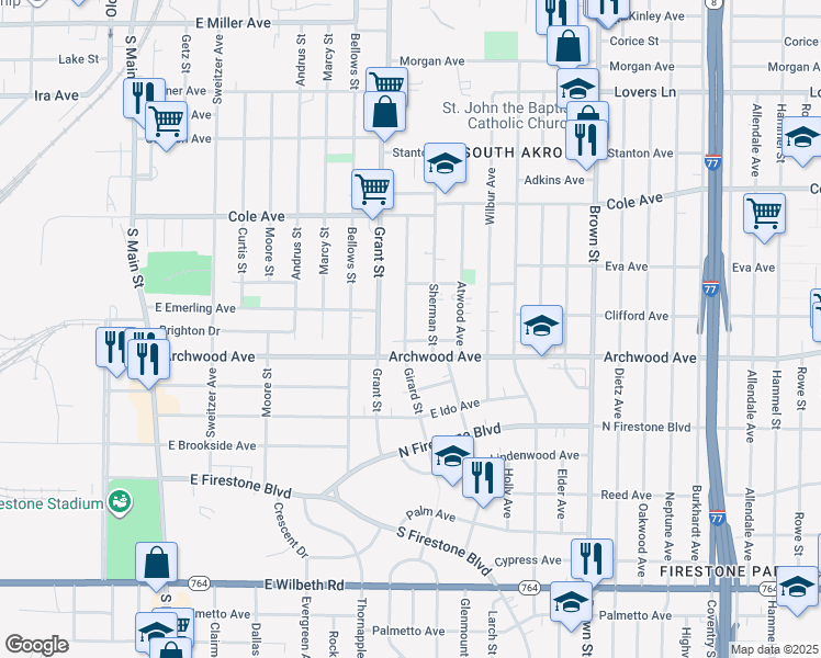 map of restaurants, bars, coffee shops, grocery stores, and more near 1307 Girard Street in Akron