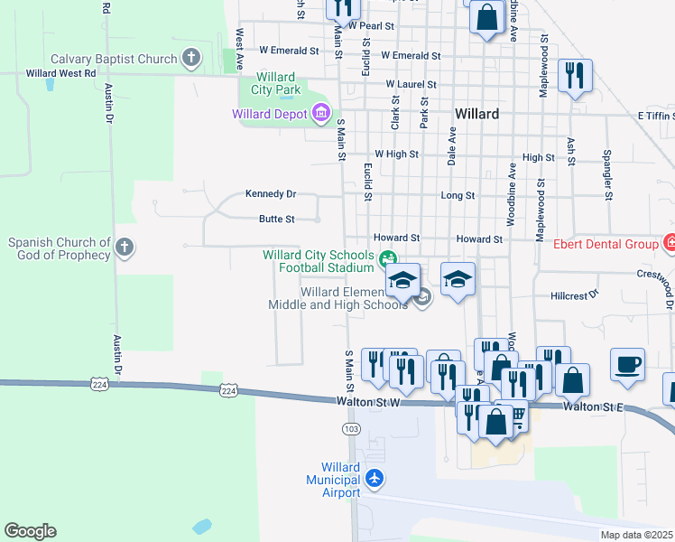 map of restaurants, bars, coffee shops, grocery stores, and more near 504 Cottonwood Drive in Willard