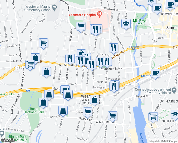 map of restaurants, bars, coffee shops, grocery stores, and more near 16 Roosevelt Avenue in Stamford