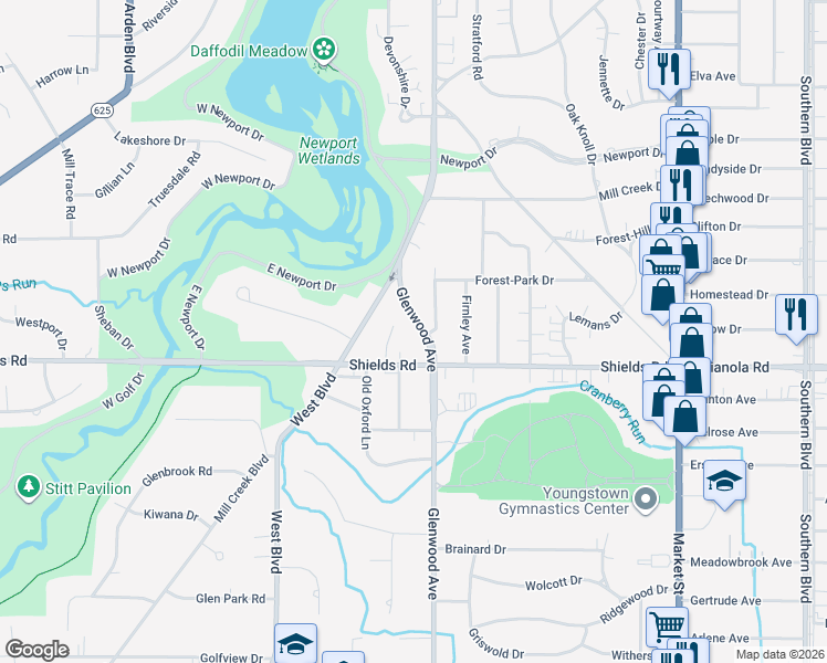 map of restaurants, bars, coffee shops, grocery stores, and more near 5100 Glenwood Avenue in Youngstown