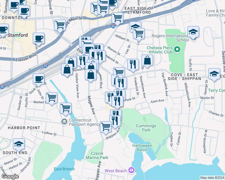 map of restaurants, bars, coffee shops, grocery stores, and more near 62 Wardwell Street in Stamford