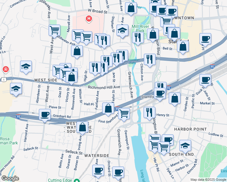 map of restaurants, bars, coffee shops, grocery stores, and more near 13 Mission Street in Stamford