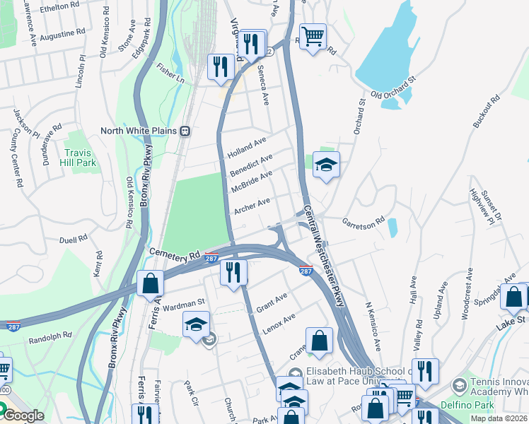 map of restaurants, bars, coffee shops, grocery stores, and more near 25 Hawthorne Street in White Plains