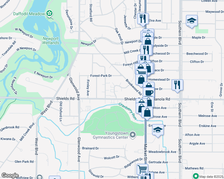 map of restaurants, bars, coffee shops, grocery stores, and more near 101 Lemans Drive in Youngstown