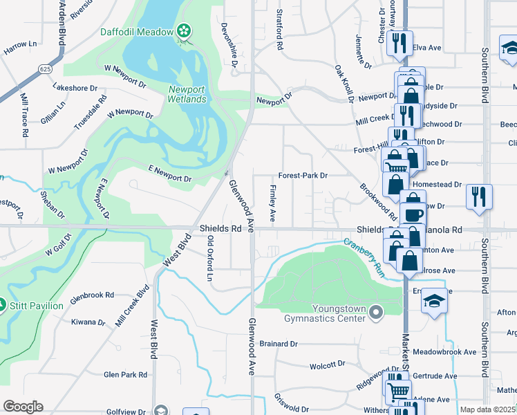 map of restaurants, bars, coffee shops, grocery stores, and more near 5100 Firnley Avenue in Youngstown