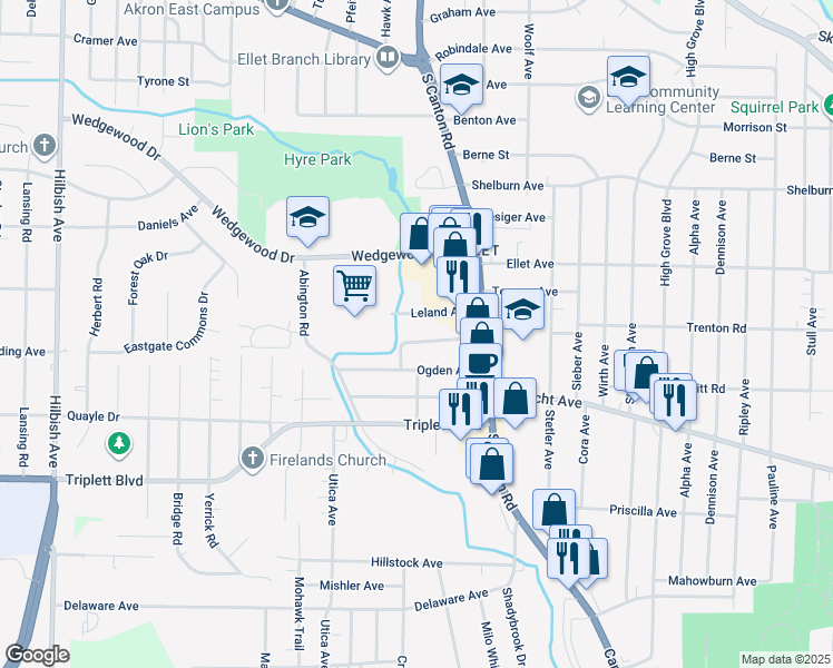 map of restaurants, bars, coffee shops, grocery stores, and more near 2531 Woodmere Avenue in Akron