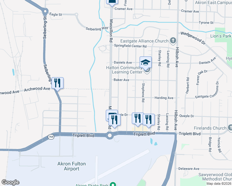 map of restaurants, bars, coffee shops, grocery stores, and more near 494 Baldwin Road in Akron