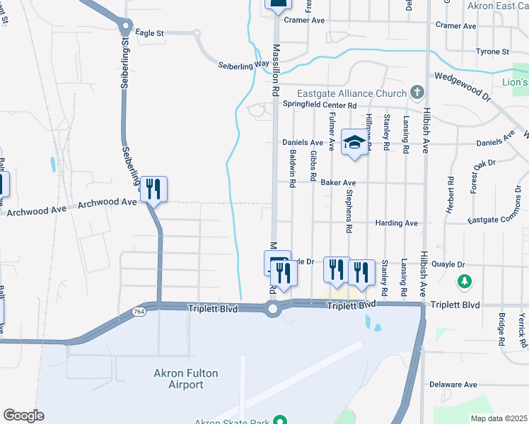 map of restaurants, bars, coffee shops, grocery stores, and more near 520 Massillon Road in Akron