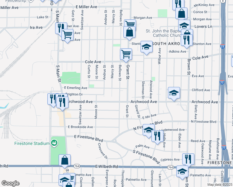 map of restaurants, bars, coffee shops, grocery stores, and more near 1445 Marcy Street in Akron