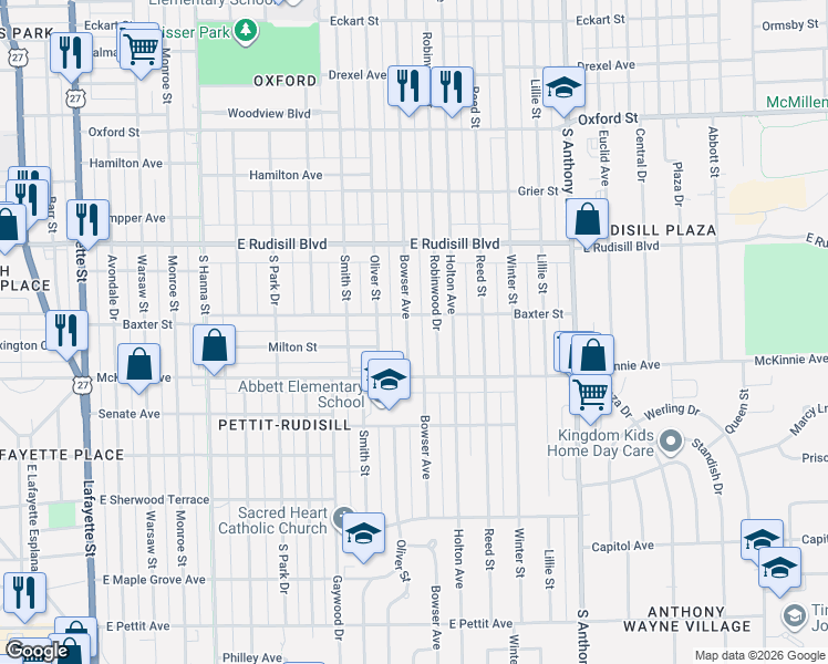 map of restaurants, bars, coffee shops, grocery stores, and more near 4118 Robinwood Drive in Fort Wayne