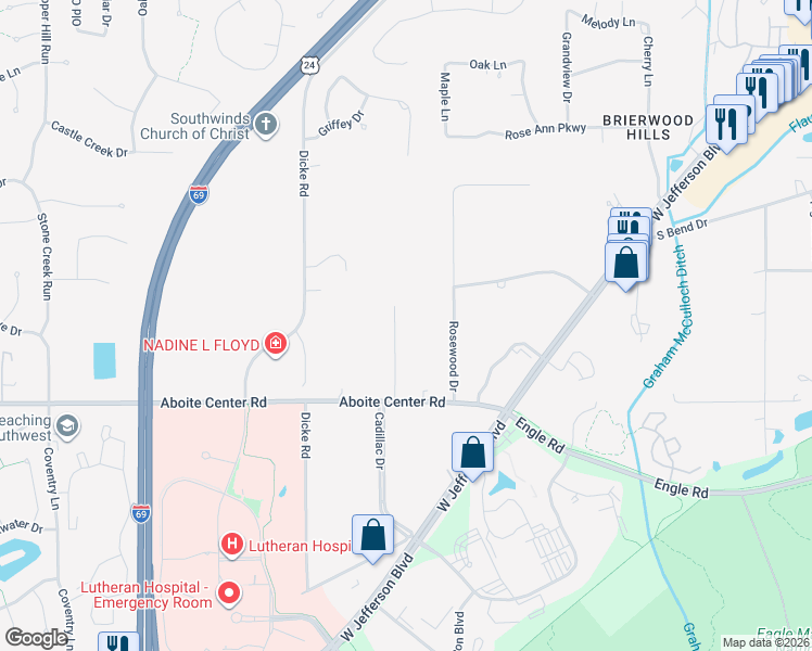 map of restaurants, bars, coffee shops, grocery stores, and more near 3905 Huth Drive in Fort Wayne