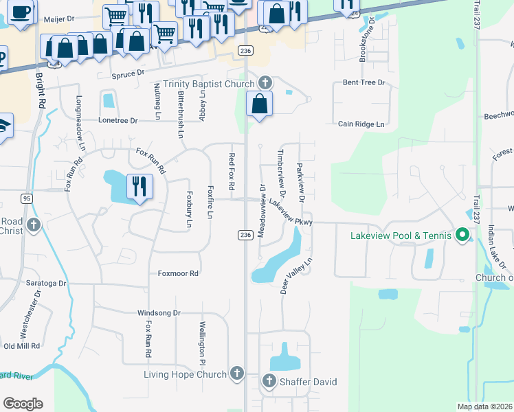 map of restaurants, bars, coffee shops, grocery stores, and more near 660 Meadowview Drive in Findlay