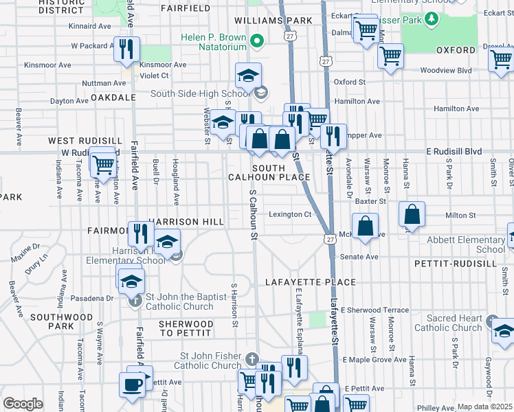 map of restaurants, bars, coffee shops, grocery stores, and more near 4117 South Calhoun Street in Fort Wayne