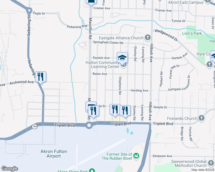 map of restaurants, bars, coffee shops, grocery stores, and more near 503 Gibbs Road in Akron