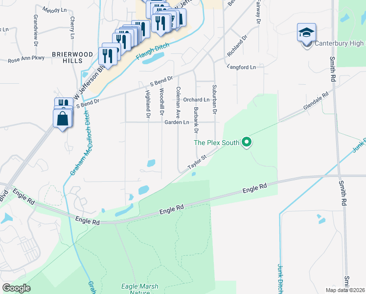 map of restaurants, bars, coffee shops, grocery stores, and more near 4019 Coleman Avenue in Fort Wayne