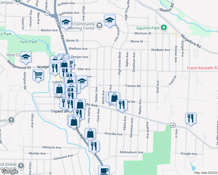 map of restaurants, bars, coffee shops, grocery stores, and more near 426 Stevenson Avenue in Akron