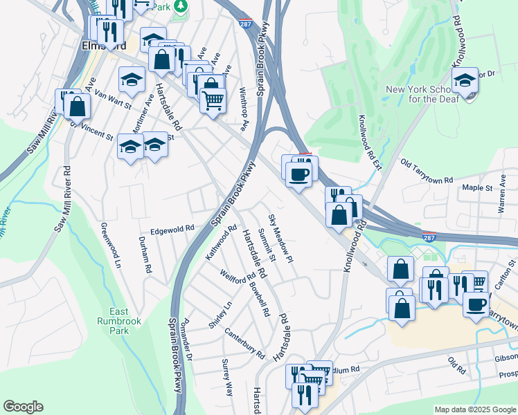 map of restaurants, bars, coffee shops, grocery stores, and more near 19 Chester Avenue in Elmsford