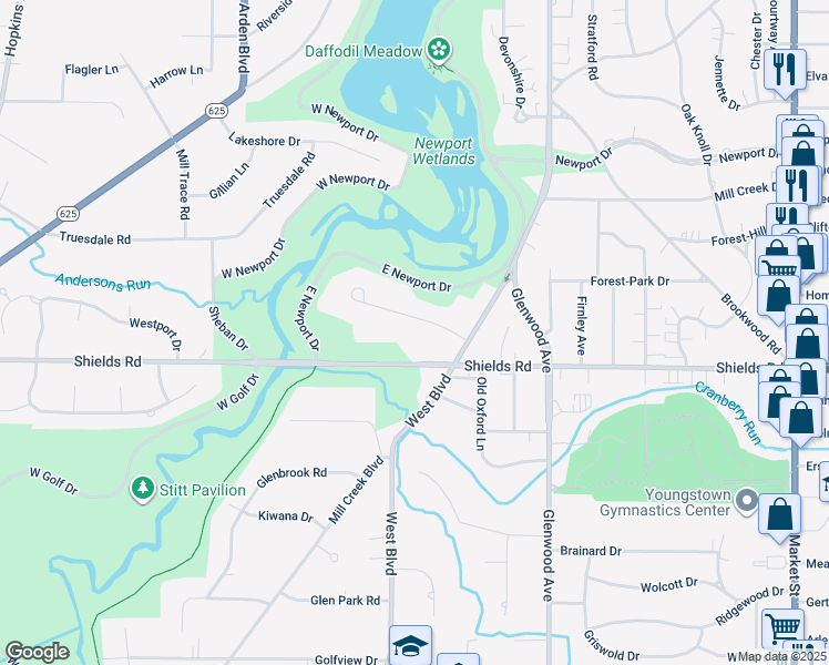 map of restaurants, bars, coffee shops, grocery stores, and more near 531 W Glen Dr in Youngstown