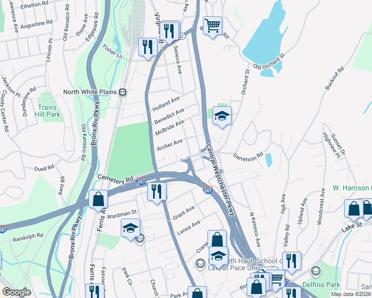 map of restaurants, bars, coffee shops, grocery stores, and more near 25 Hawthorne Street in White Plains