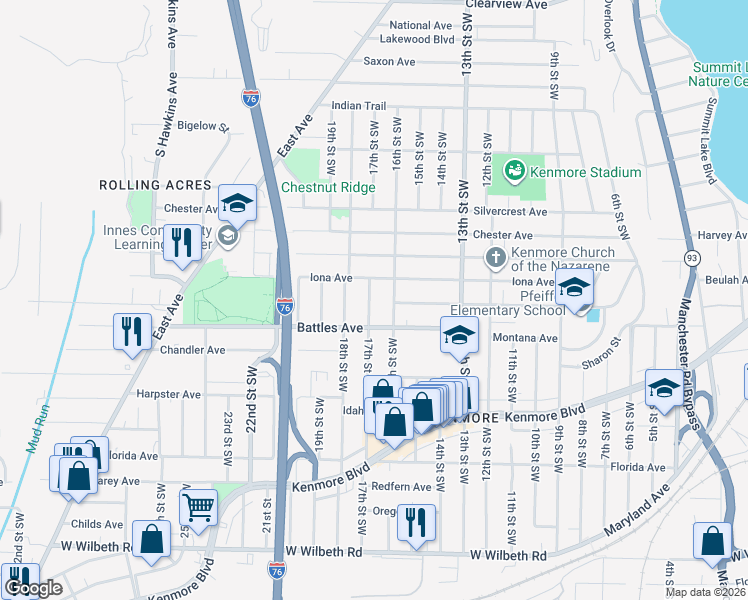 map of restaurants, bars, coffee shops, grocery stores, and more near 2063 17th Street Southwest in Akron