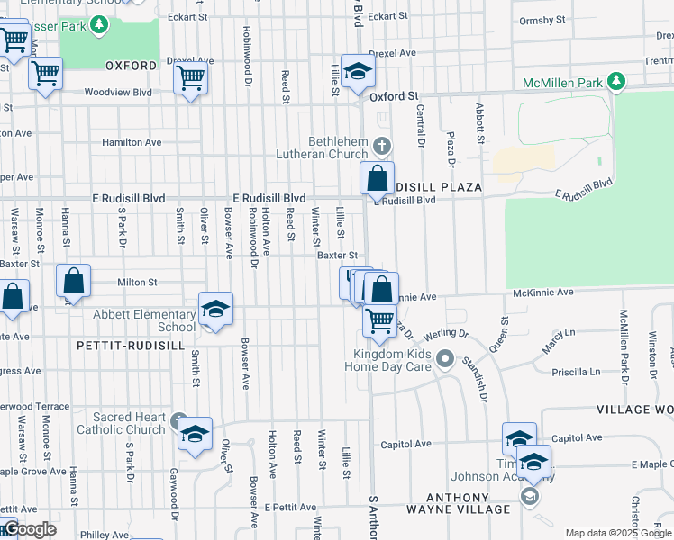 map of restaurants, bars, coffee shops, grocery stores, and more near 4118 Lillie Street in Fort Wayne