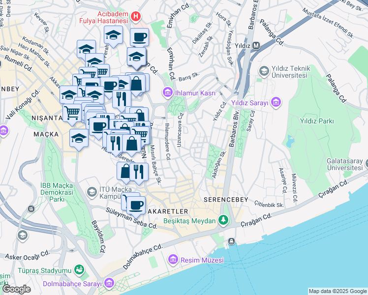 map of restaurants, bars, coffee shops, grocery stores, and more near in Beşiktaş