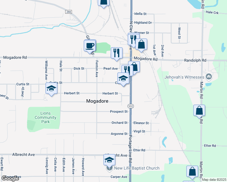 map of restaurants, bars, coffee shops, grocery stores, and more near 3835 Herbert Street in Mogadore