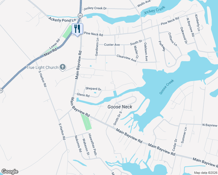 map of restaurants, bars, coffee shops, grocery stores, and more near 1775 Glenn Road in Southold