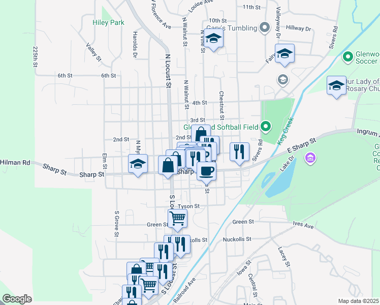 map of restaurants, bars, coffee shops, grocery stores, and more near 430 1st Street in Glenwood
