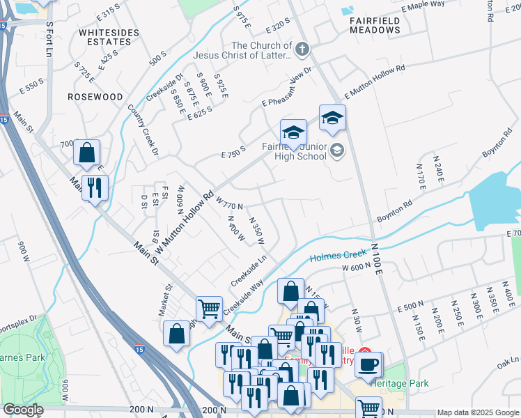 map of restaurants, bars, coffee shops, grocery stores, and more near 767 Creekside Lane in Kaysville