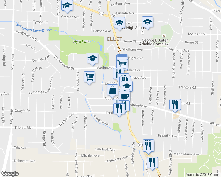 map of restaurants, bars, coffee shops, grocery stores, and more near 2531 Woodmere Avenue in Akron