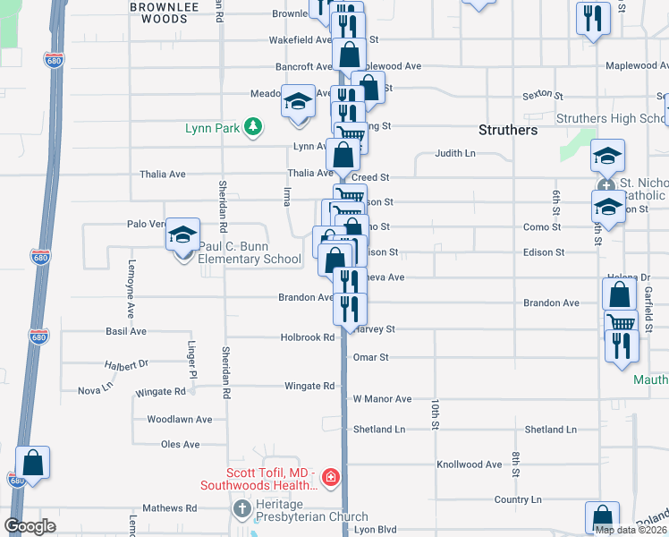 map of restaurants, bars, coffee shops, grocery stores, and more near 5130 Youngstown-Poland Road in Youngstown