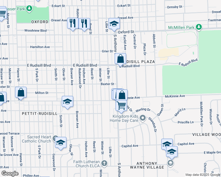 map of restaurants, bars, coffee shops, grocery stores, and more near 4117 Lillie Street in Fort Wayne