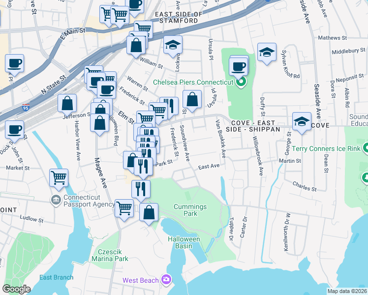map of restaurants, bars, coffee shops, grocery stores, and more near 51 Soundview Avenue in Stamford