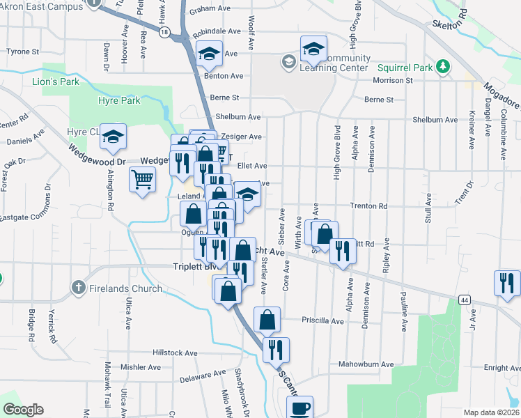 map of restaurants, bars, coffee shops, grocery stores, and more near 480 Stetler Ave in Akron