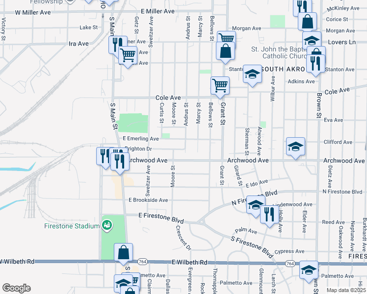 map of restaurants, bars, coffee shops, grocery stores, and more near 151 Brighton Drive in Akron