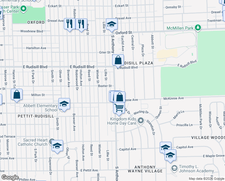 map of restaurants, bars, coffee shops, grocery stores, and more near 4118 South Anthony Boulevard in Fort Wayne