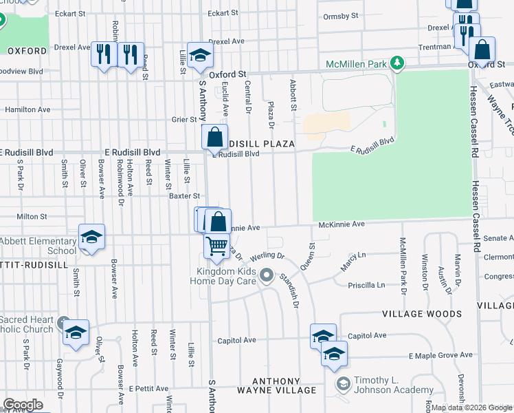 map of restaurants, bars, coffee shops, grocery stores, and more near 4119 Central Drive in Fort Wayne