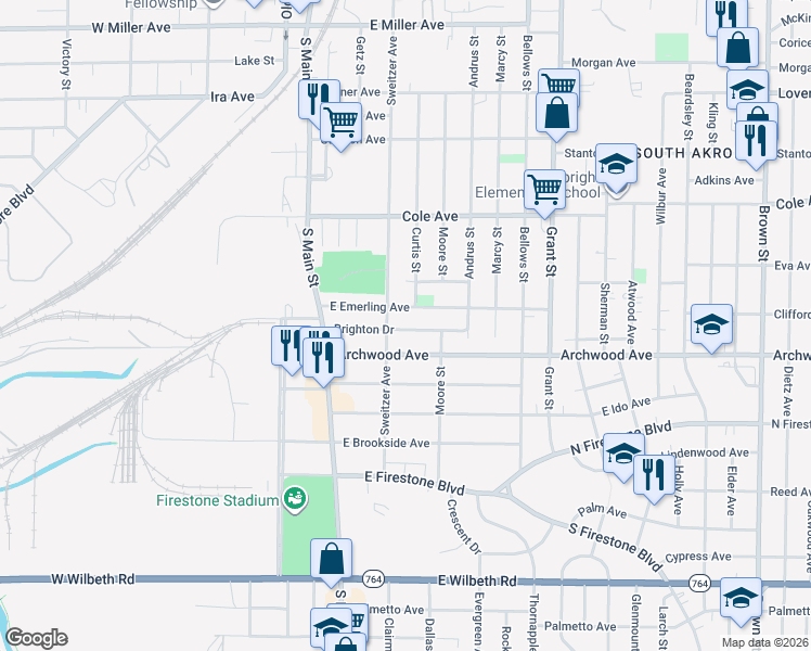 map of restaurants, bars, coffee shops, grocery stores, and more near 71 Brighton Drive in Akron