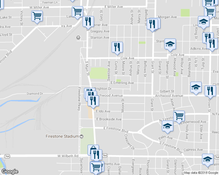 map of restaurants, bars, coffee shops, grocery stores, and more near 71 Brighton Drive in Akron