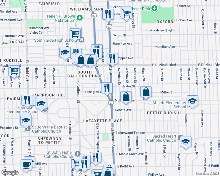 map of restaurants, bars, coffee shops, grocery stores, and more near 4118 Lafayette Street in Fort Wayne