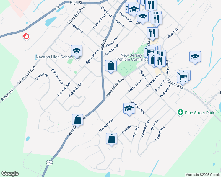 map of restaurants, bars, coffee shops, grocery stores, and more near 78 Woodside Avenue in Newton